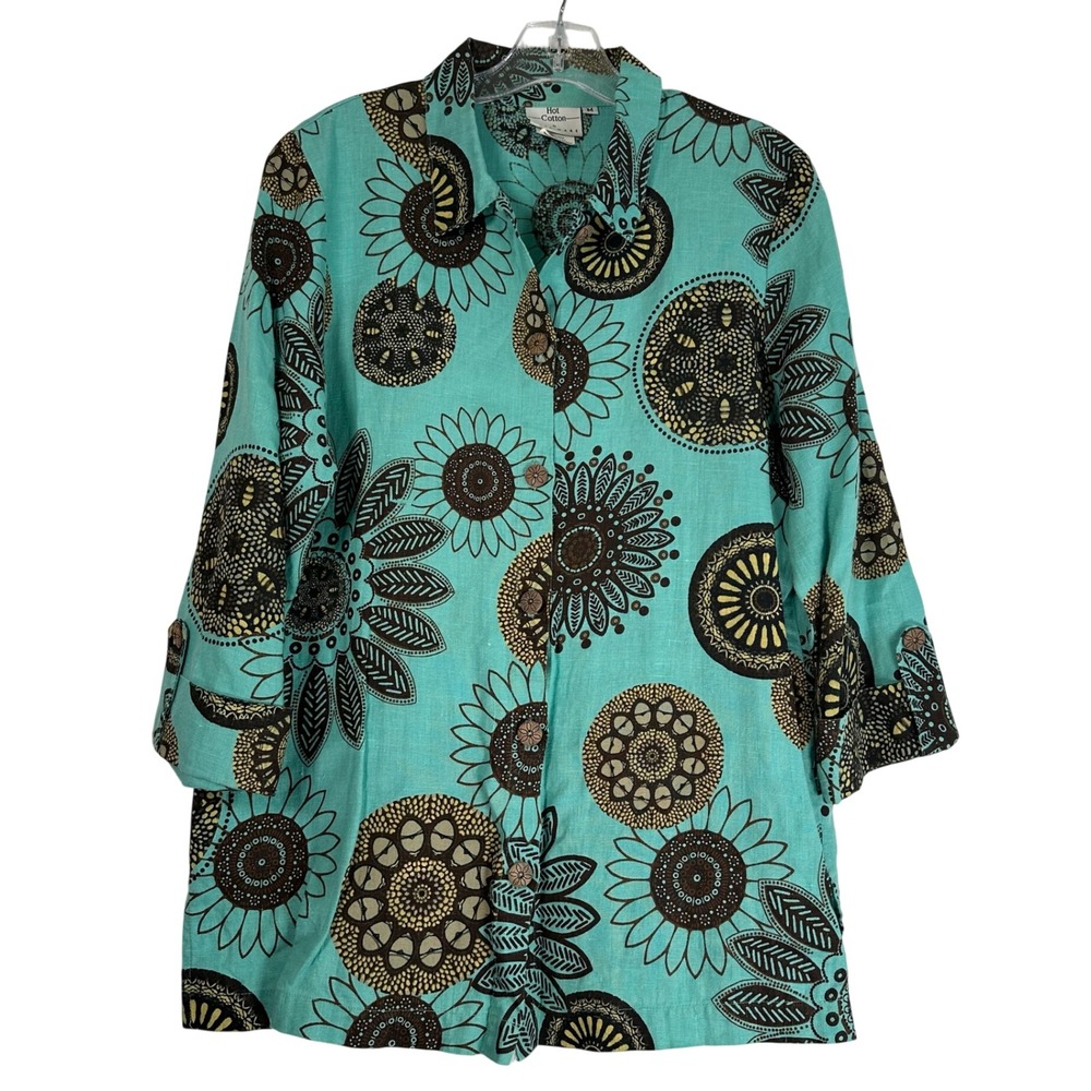 Hot Cotton by Marc Ware Womens Medium Linen Shirt Teal Sunflower Floral Art Wear